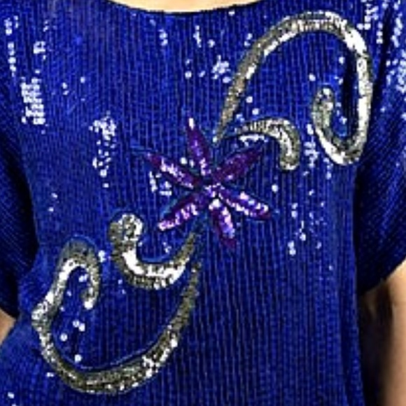 Halloween Disco Top, Vintage 70s Blue Sequin Blouse - Picture 4 of 6